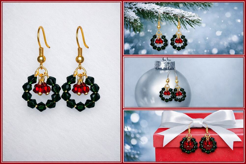 Handmade Glass Wreath Gold Earrings: Holiday Festive #C5
